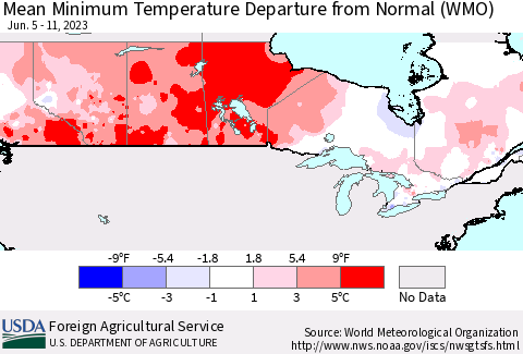 Canada Mean Minimum Temperature Departure from Normal (WMO) Thematic Map For 6/5/2023 - 6/11/2023