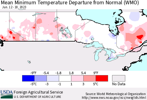 Canada Mean Minimum Temperature Departure from Normal (WMO) Thematic Map For 6/12/2023 - 6/18/2023