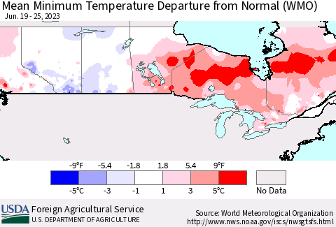 Canada Mean Minimum Temperature Departure from Normal (WMO) Thematic Map For 6/19/2023 - 6/25/2023