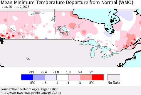 Canada Mean Minimum Temperature Departure from Normal (WMO) Thematic Map For 6/26/2023 - 7/2/2023