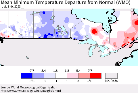 Canada Mean Minimum Temperature Departure from Normal (WMO) Thematic Map For 7/3/2023 - 7/9/2023