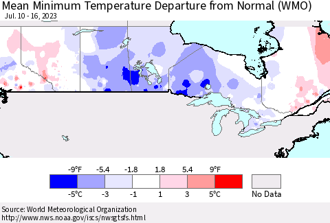 Canada Mean Minimum Temperature Departure from Normal (WMO) Thematic Map For 7/10/2023 - 7/16/2023