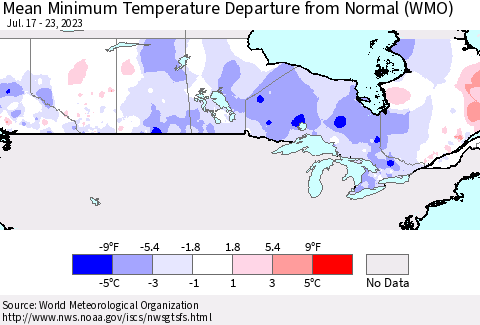 Canada Mean Minimum Temperature Departure from Normal (WMO) Thematic Map For 7/17/2023 - 7/23/2023