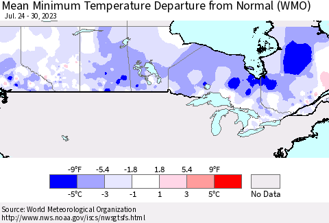 Canada Mean Minimum Temperature Departure from Normal (WMO) Thematic Map For 7/24/2023 - 7/30/2023