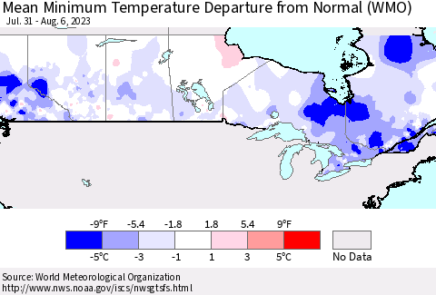 Canada Mean Minimum Temperature Departure from Normal (WMO) Thematic Map For 7/31/2023 - 8/6/2023