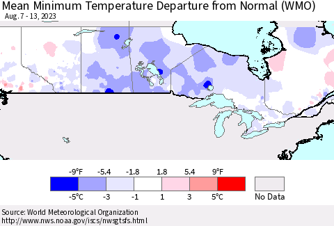 Canada Mean Minimum Temperature Departure from Normal (WMO) Thematic Map For 8/7/2023 - 8/13/2023