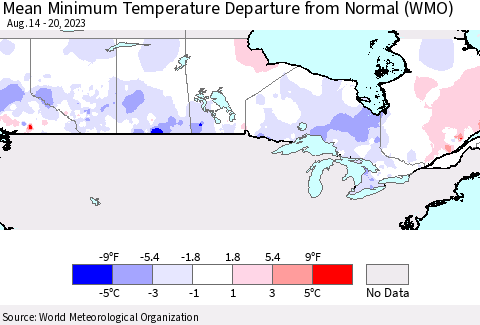 Canada Mean Minimum Temperature Departure from Normal (WMO) Thematic Map For 8/14/2023 - 8/20/2023