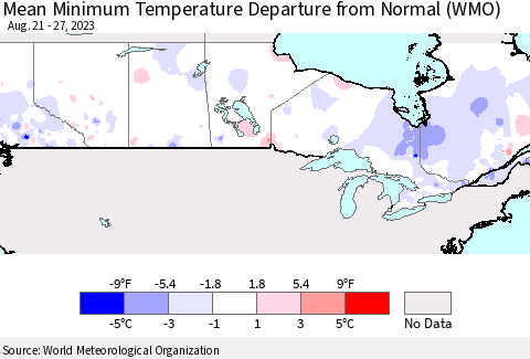 Canada Mean Minimum Temperature Departure from Normal (WMO) Thematic Map For 8/21/2023 - 8/27/2023