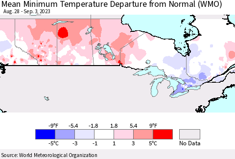 Canada Mean Minimum Temperature Departure from Normal (WMO) Thematic Map For 8/28/2023 - 9/3/2023