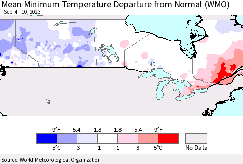 Canada Mean Minimum Temperature Departure from Normal (WMO) Thematic Map For 9/4/2023 - 9/10/2023