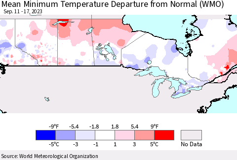 Canada Mean Minimum Temperature Departure from Normal (WMO) Thematic Map For 9/11/2023 - 9/17/2023