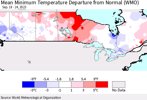 Canada Mean Minimum Temperature Departure from Normal (WMO) Thematic Map For 9/18/2023 - 9/24/2023