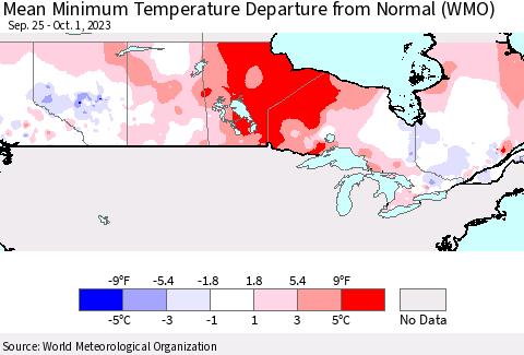 Canada Mean Minimum Temperature Departure from Normal (WMO) Thematic Map For 9/25/2023 - 10/1/2023