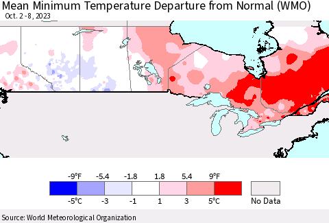 Canada Mean Minimum Temperature Departure from Normal (WMO) Thematic Map For 10/2/2023 - 10/8/2023