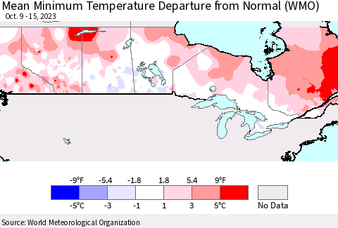 Canada Mean Minimum Temperature Departure from Normal (WMO) Thematic Map For 10/9/2023 - 10/15/2023