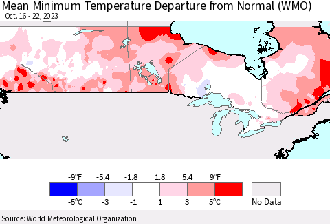 Canada Mean Minimum Temperature Departure from Normal (WMO) Thematic Map For 10/16/2023 - 10/22/2023
