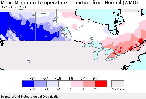 Canada Mean Minimum Temperature Departure from Normal (WMO) Thematic Map For 10/23/2023 - 10/29/2023