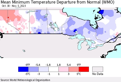 Canada Mean Minimum Temperature Departure from Normal (WMO) Thematic Map For 10/30/2023 - 11/5/2023