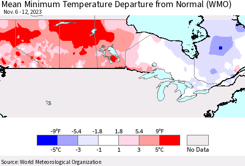 Canada Mean Minimum Temperature Departure from Normal (WMO) Thematic Map For 11/6/2023 - 11/12/2023