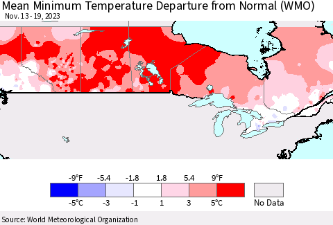 Canada Mean Minimum Temperature Departure from Normal (WMO) Thematic Map For 11/13/2023 - 11/19/2023