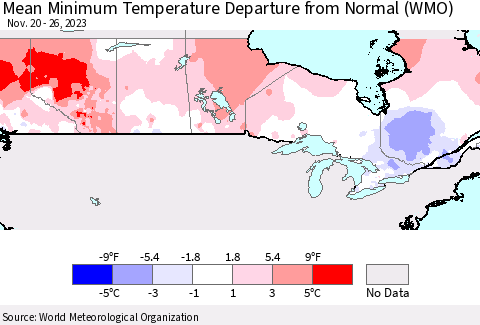 Canada Mean Minimum Temperature Departure from Normal (WMO) Thematic Map For 11/20/2023 - 11/26/2023