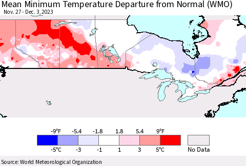 Canada Mean Minimum Temperature Departure from Normal (WMO) Thematic Map For 11/27/2023 - 12/3/2023