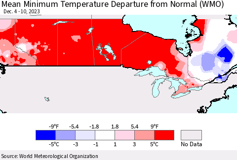 Canada Mean Minimum Temperature Departure from Normal (WMO) Thematic Map For 12/4/2023 - 12/10/2023