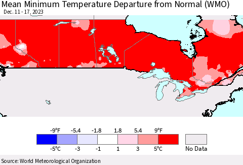 Canada Mean Minimum Temperature Departure from Normal (WMO) Thematic Map For 12/11/2023 - 12/17/2023