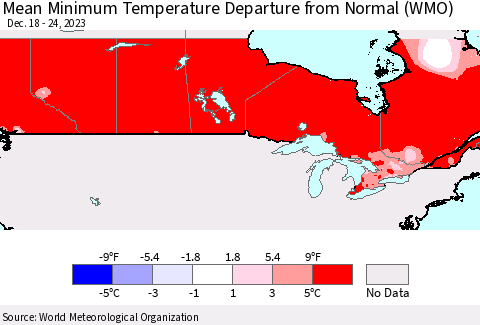 Canada Mean Minimum Temperature Departure from Normal (WMO) Thematic Map For 12/18/2023 - 12/24/2023