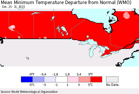 Canada Mean Minimum Temperature Departure from Normal (WMO) Thematic Map For 12/25/2023 - 12/31/2023