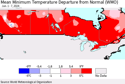 Canada Mean Minimum Temperature Departure from Normal (WMO) Thematic Map For 1/1/2024 - 1/7/2024