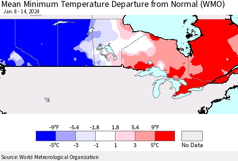 Canada Mean Minimum Temperature Departure from Normal (WMO) Thematic Map For 1/8/2024 - 1/14/2024