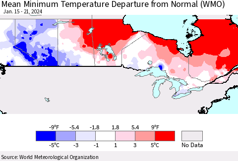 Canada Mean Minimum Temperature Departure from Normal (WMO) Thematic Map For 1/15/2024 - 1/21/2024