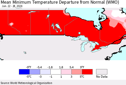 Canada Mean Minimum Temperature Departure from Normal (WMO) Thematic Map For 1/22/2024 - 1/28/2024