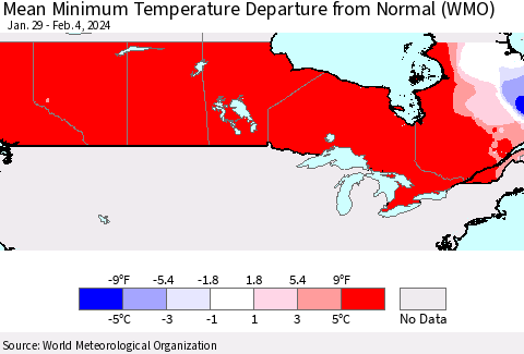 Canada Mean Minimum Temperature Departure from Normal (WMO) Thematic Map For 1/29/2024 - 2/4/2024