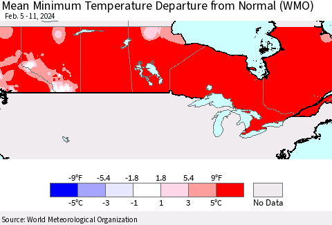 Canada Mean Minimum Temperature Departure from Normal (WMO) Thematic Map For 2/5/2024 - 2/11/2024