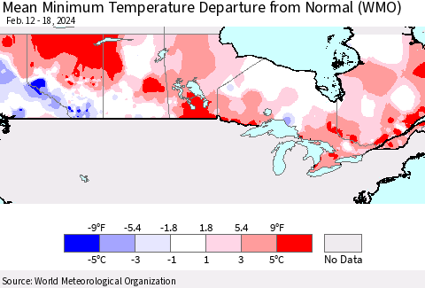 Canada Mean Minimum Temperature Departure from Normal (WMO) Thematic Map For 2/12/2024 - 2/18/2024