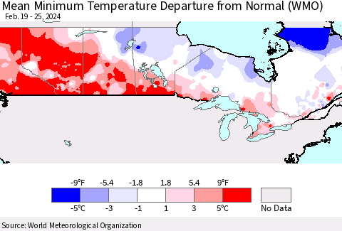 Canada Mean Minimum Temperature Departure from Normal (WMO) Thematic Map For 2/19/2024 - 2/25/2024
