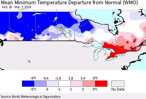 Canada Mean Minimum Temperature Departure from Normal (WMO) Thematic Map For 2/26/2024 - 3/3/2024