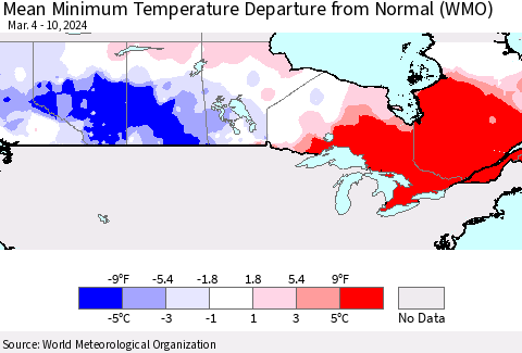 Canada Mean Minimum Temperature Departure from Normal (WMO) Thematic Map For 3/4/2024 - 3/10/2024