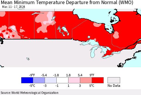 Canada Mean Minimum Temperature Departure from Normal (WMO) Thematic Map For 3/11/2024 - 3/17/2024
