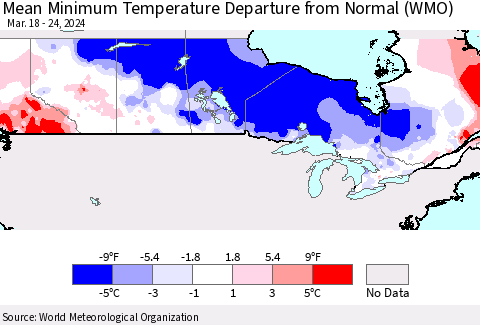Canada Mean Minimum Temperature Departure from Normal (WMO) Thematic Map For 3/18/2024 - 3/24/2024