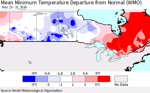 Canada Mean Minimum Temperature Departure from Normal (WMO) Thematic Map For 3/25/2024 - 3/31/2024