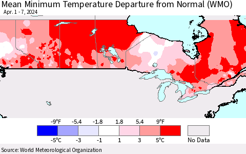 Canada Mean Minimum Temperature Departure from Normal (WMO) Thematic Map For 4/1/2024 - 4/7/2024