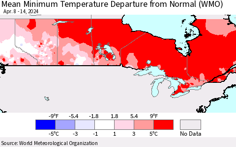 Canada Mean Minimum Temperature Departure from Normal (WMO) Thematic Map For 4/8/2024 - 4/14/2024