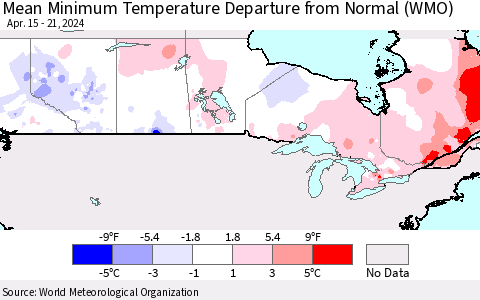 Canada Mean Minimum Temperature Departure from Normal (WMO) Thematic Map For 4/15/2024 - 4/21/2024