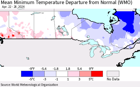 Canada Mean Minimum Temperature Departure from Normal (WMO) Thematic Map For 4/22/2024 - 4/28/2024