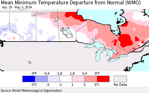 Canada Mean Minimum Temperature Departure from Normal (WMO) Thematic Map For 4/29/2024 - 5/5/2024
