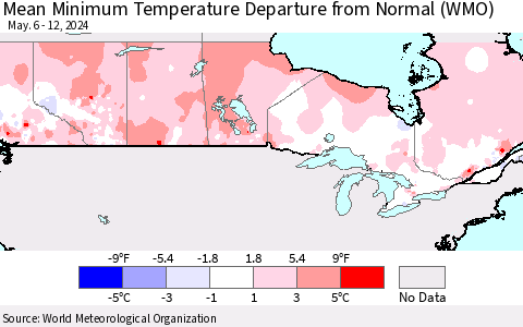 Canada Mean Minimum Temperature Departure from Normal (WMO) Thematic Map For 5/6/2024 - 5/12/2024