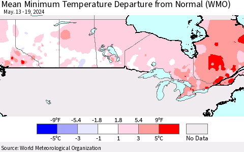 Canada Mean Minimum Temperature Departure from Normal (WMO) Thematic Map For 5/13/2024 - 5/19/2024